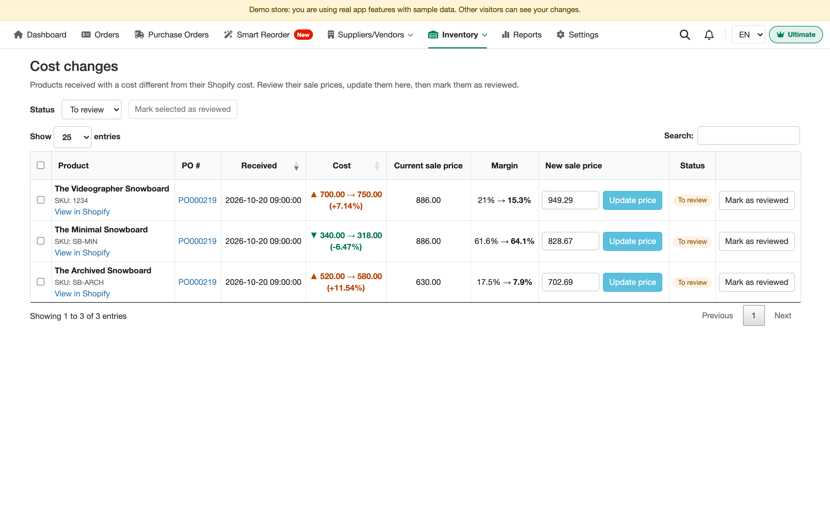 Cost changes list