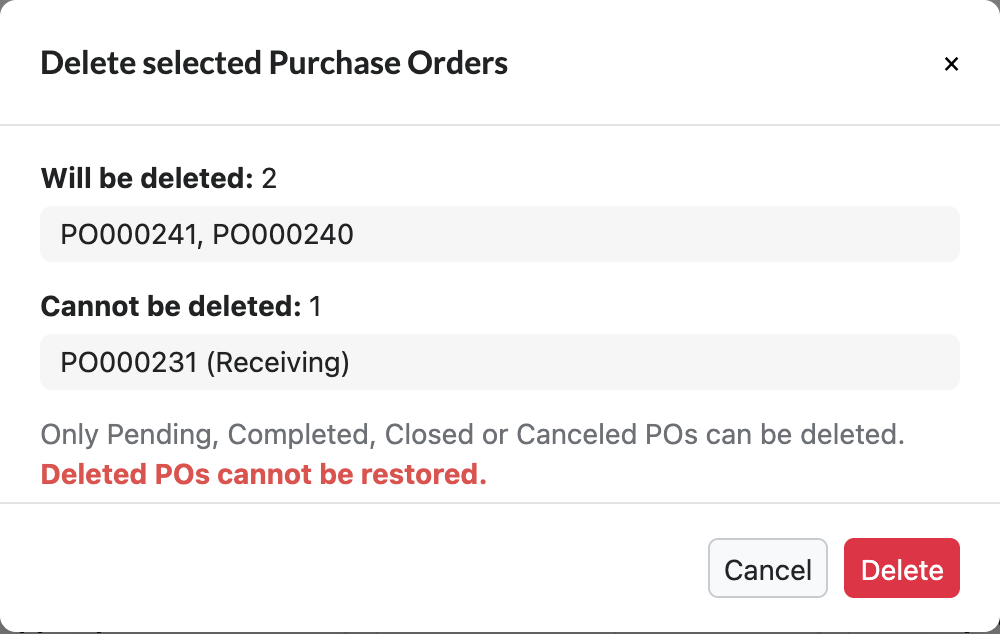 Confirm deleting selected POs