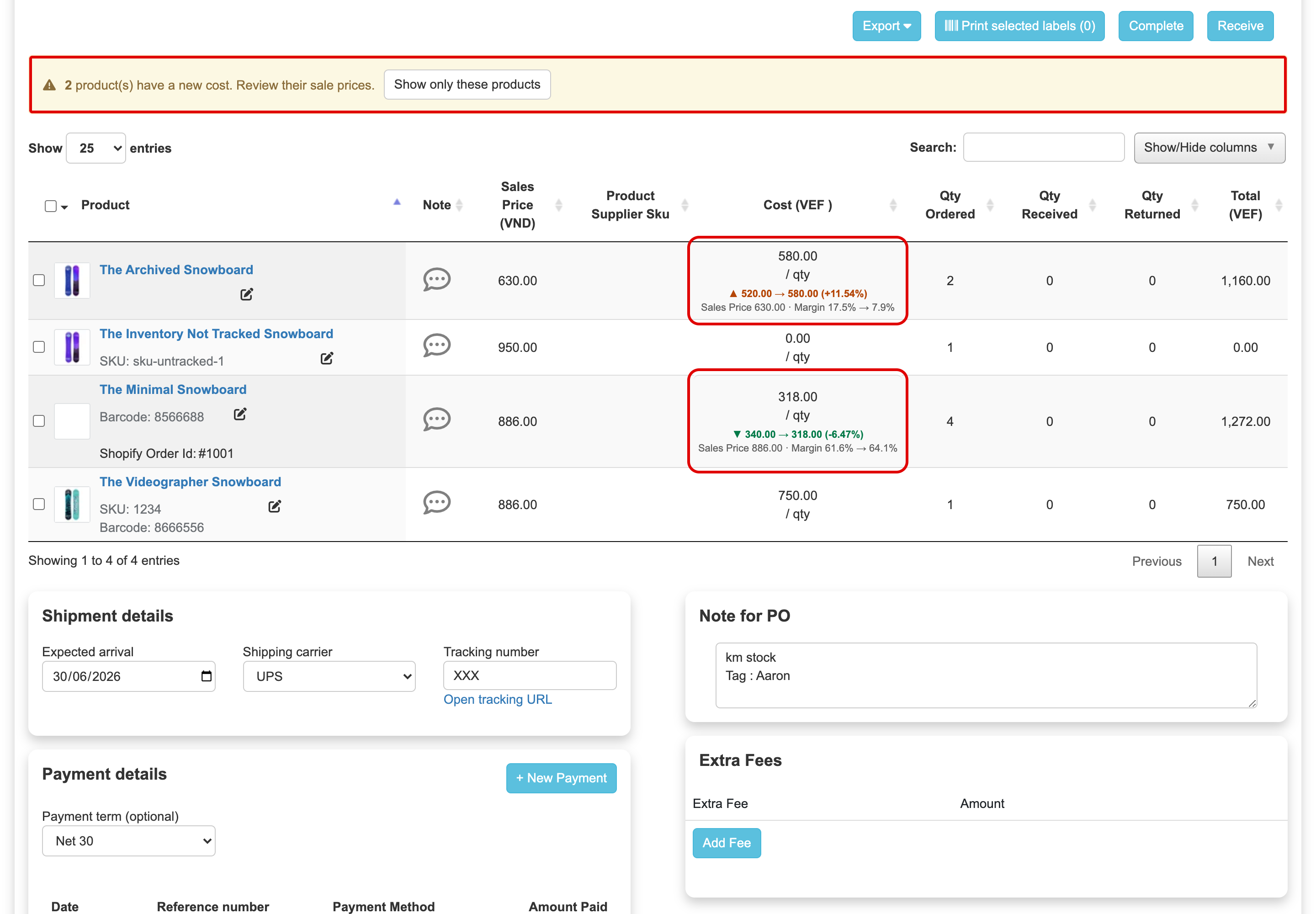 Cost change on a purchase order