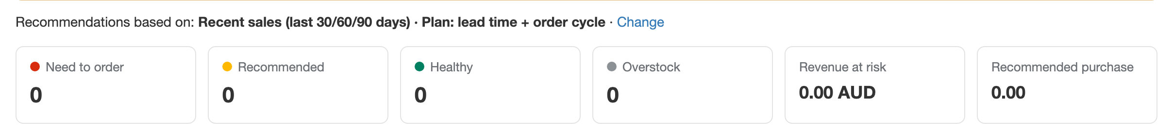 The Recommendations based on line with the Change link, above the summary cards