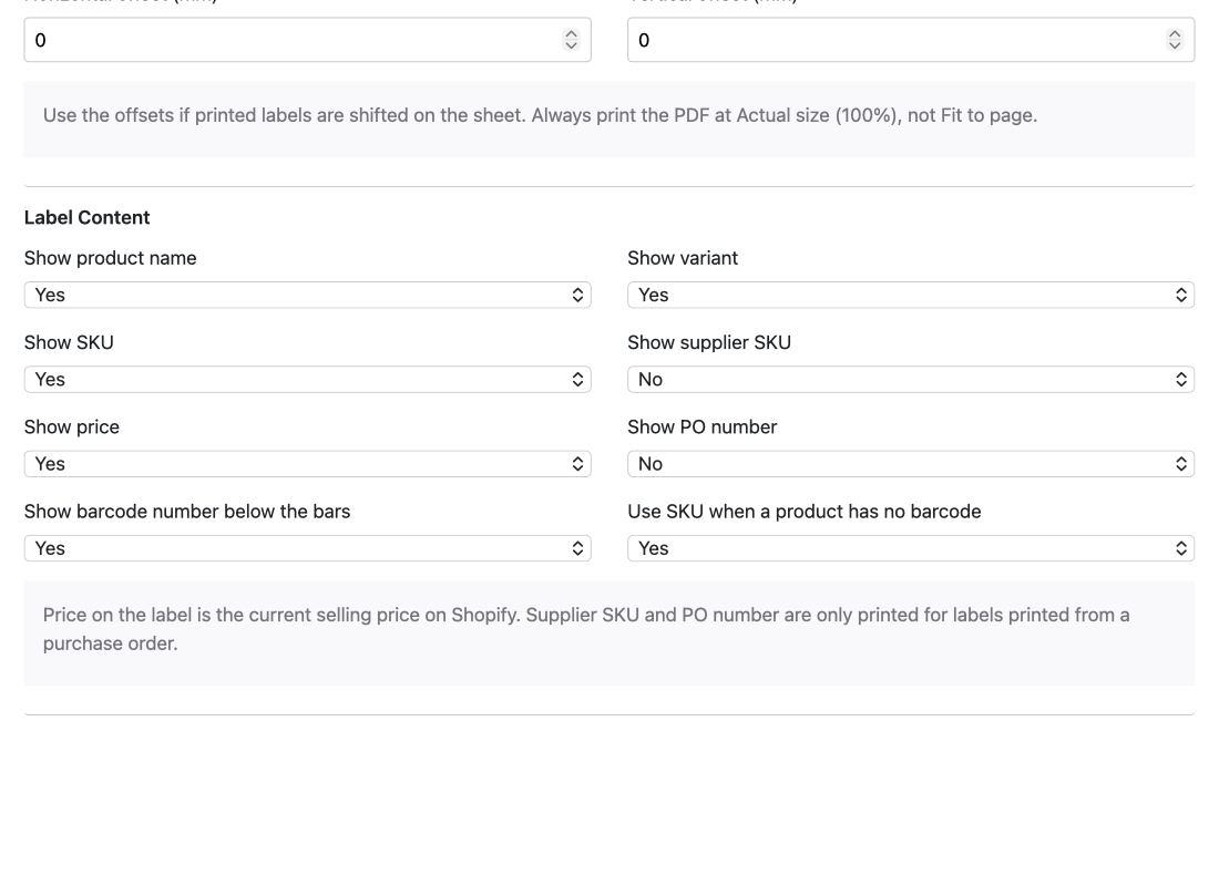 Barcode Labels settings