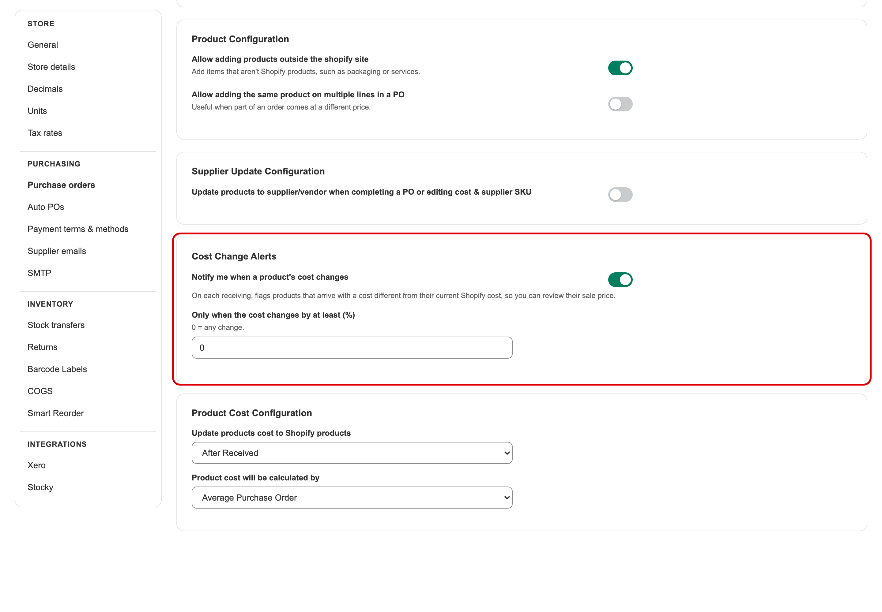 Cost Change Alerts in Settings