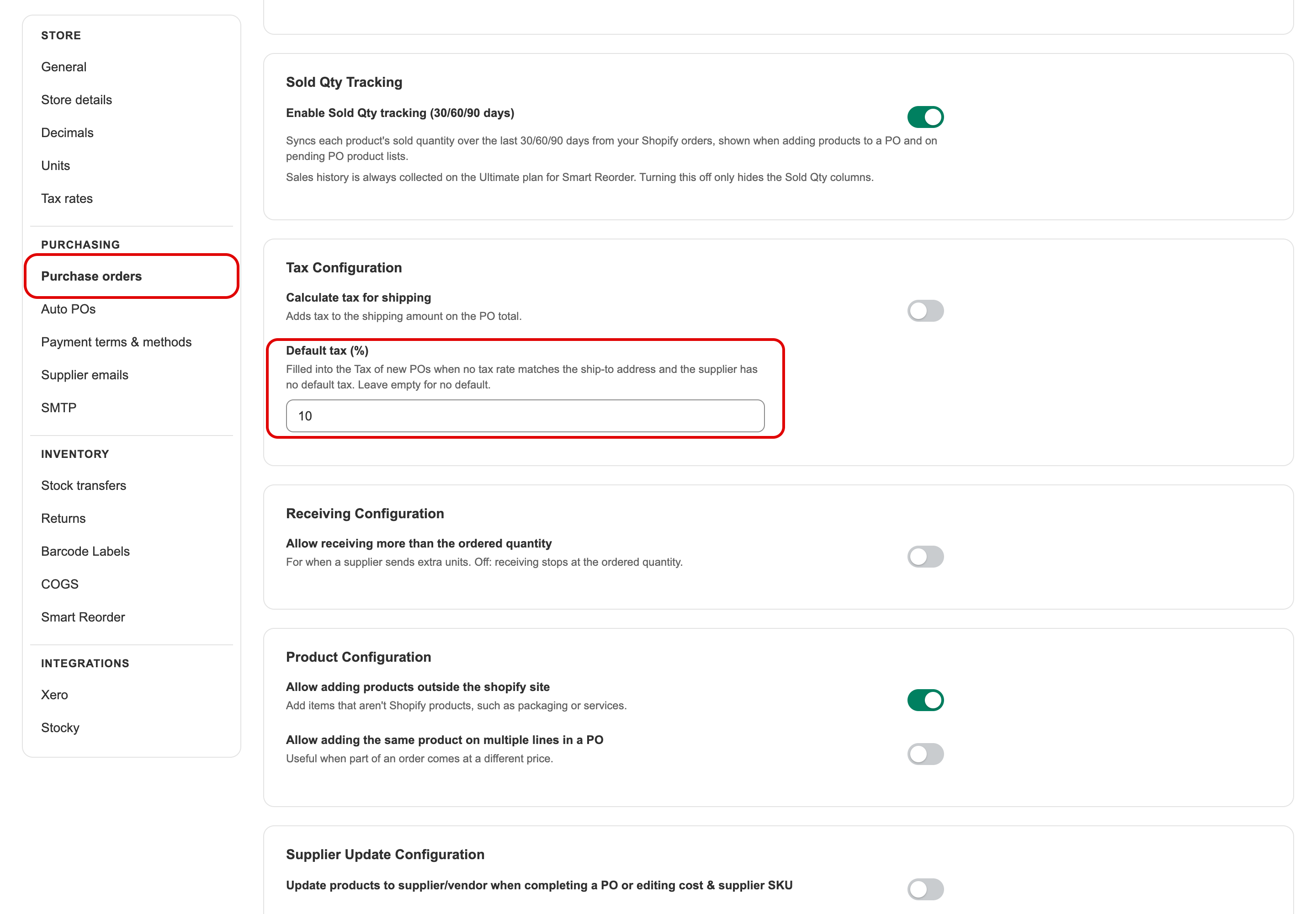 Default tax in Settings
