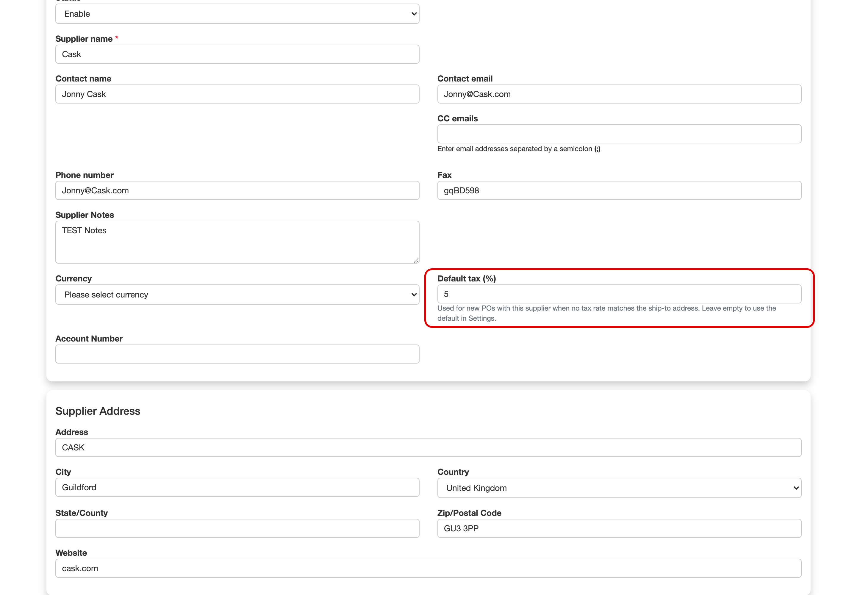 Default tax on a supplier