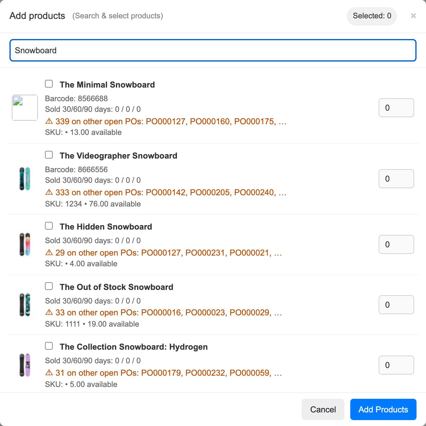 Outstanding items in the Add products window