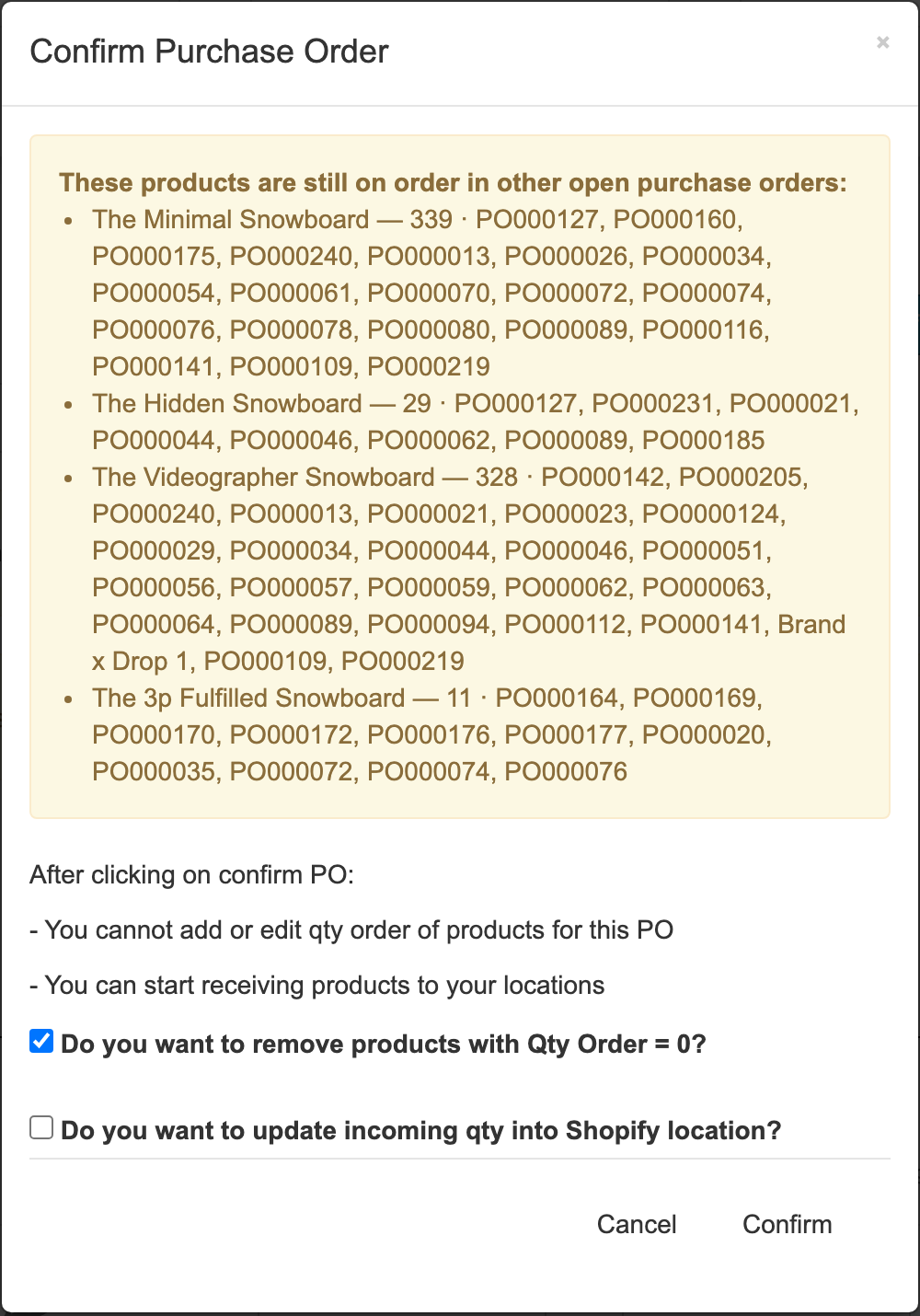 Warning in the Confirm Purchase Order window