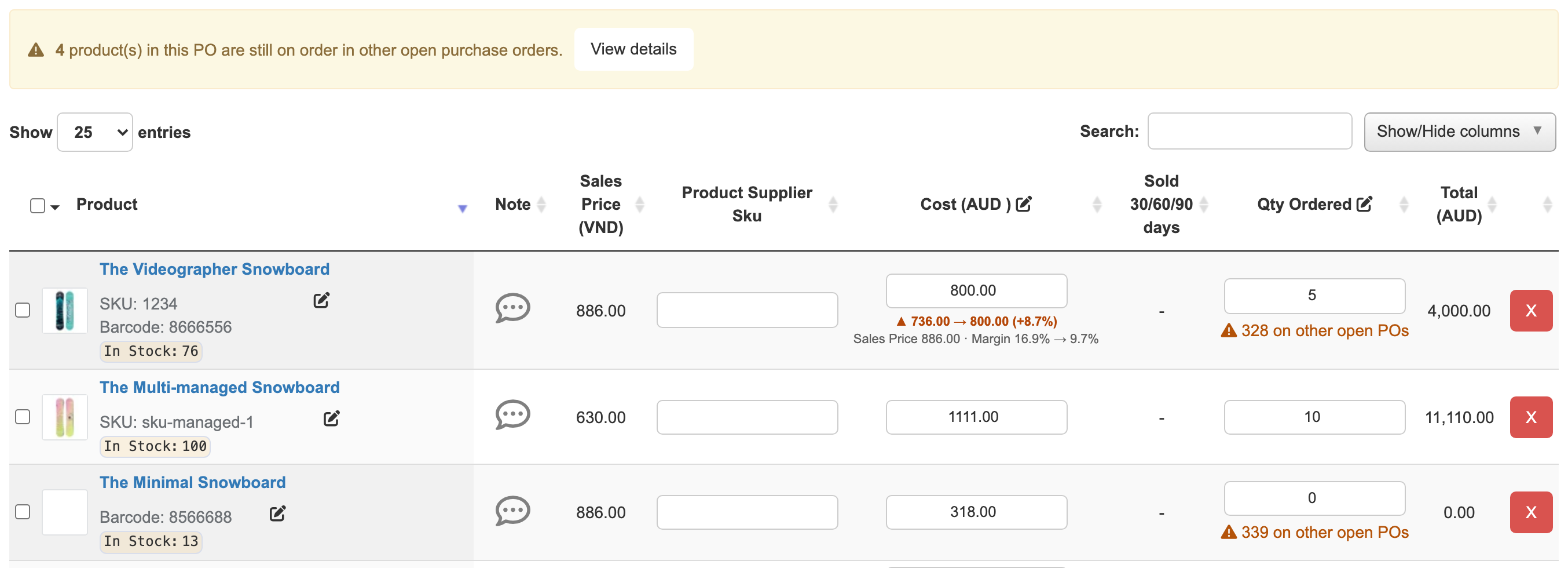 Outstanding items on a purchase order