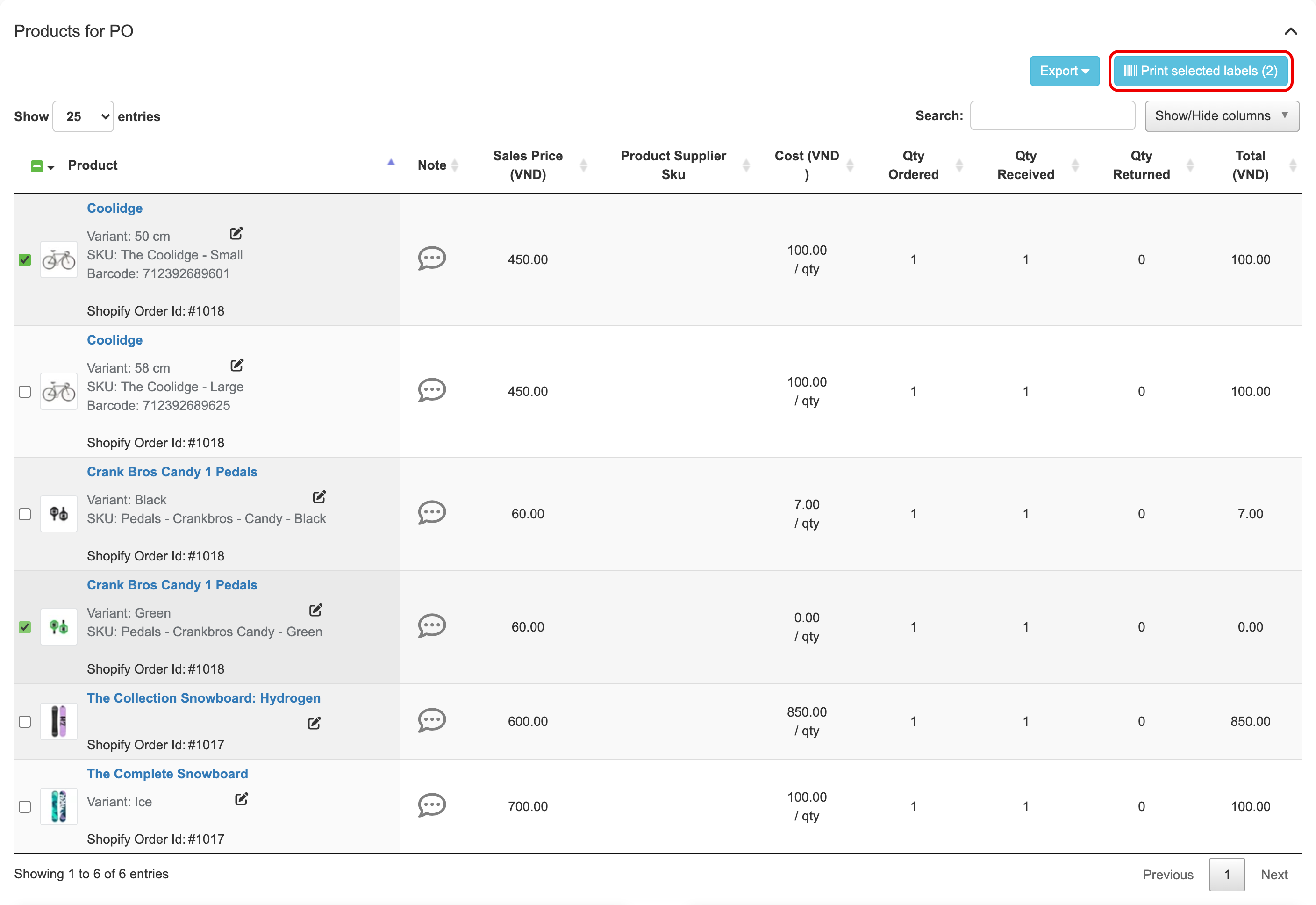 Products ticked and the Print selected labels button on a purchase order