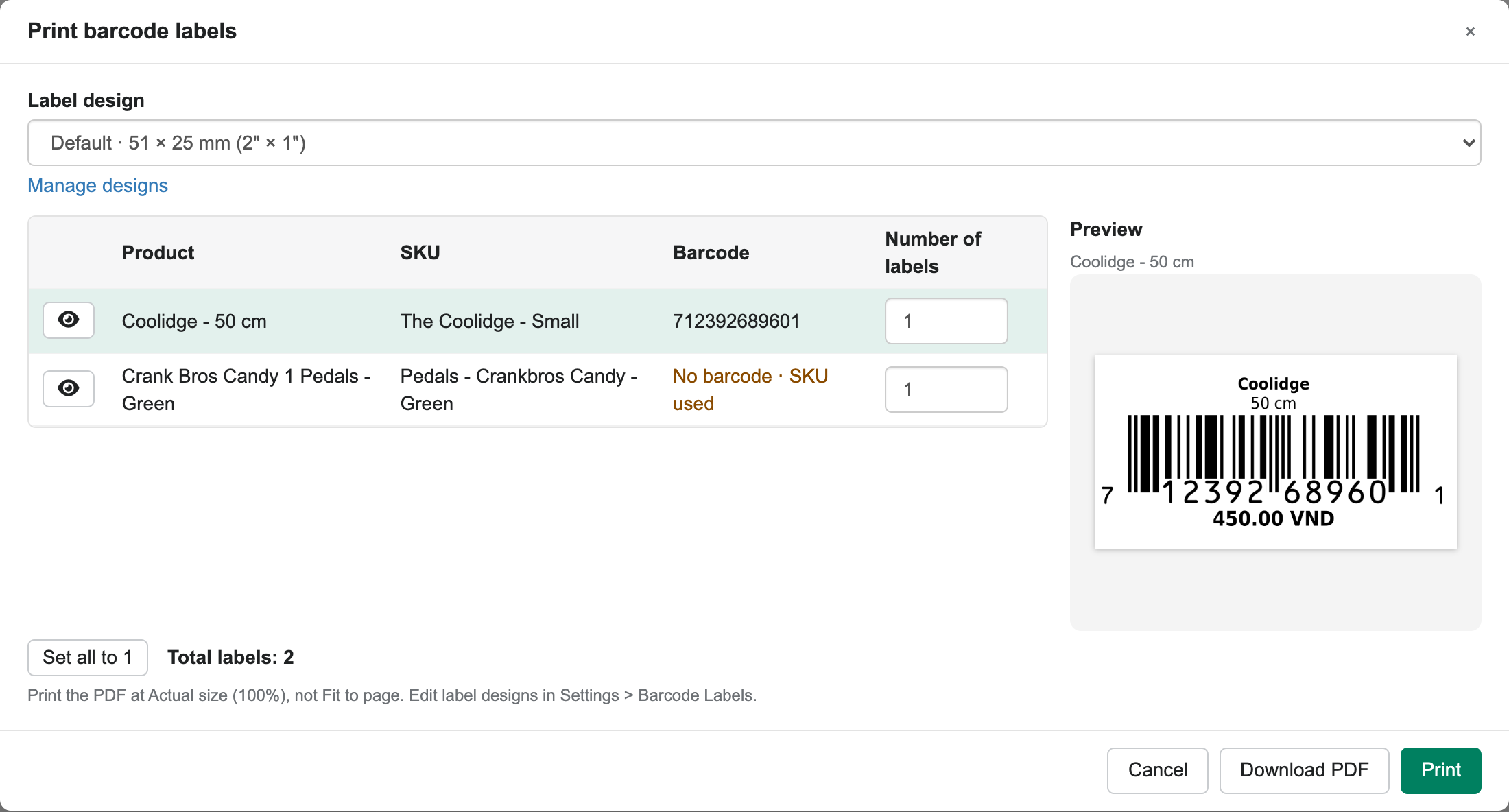 Print barcode labels window
