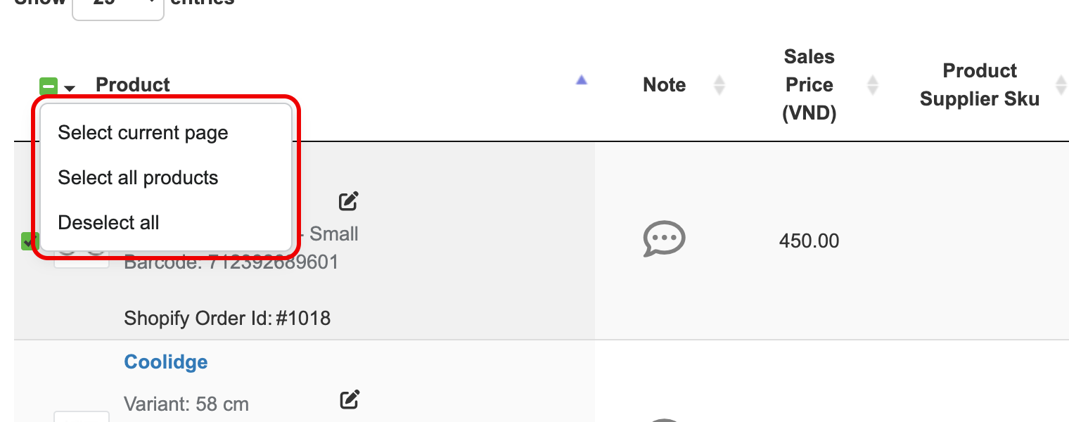 Selection menu in the product list