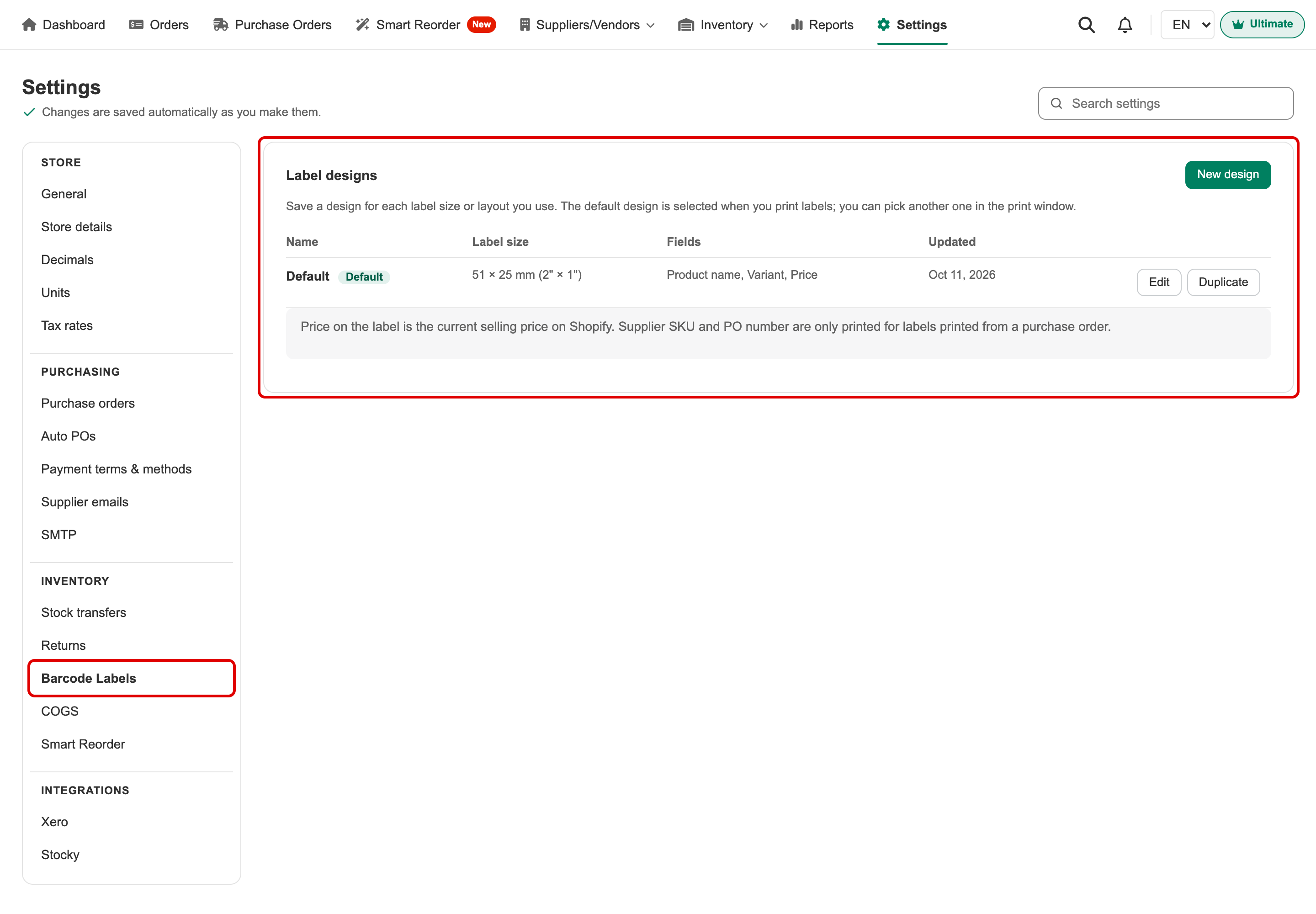 Label designs in Settings