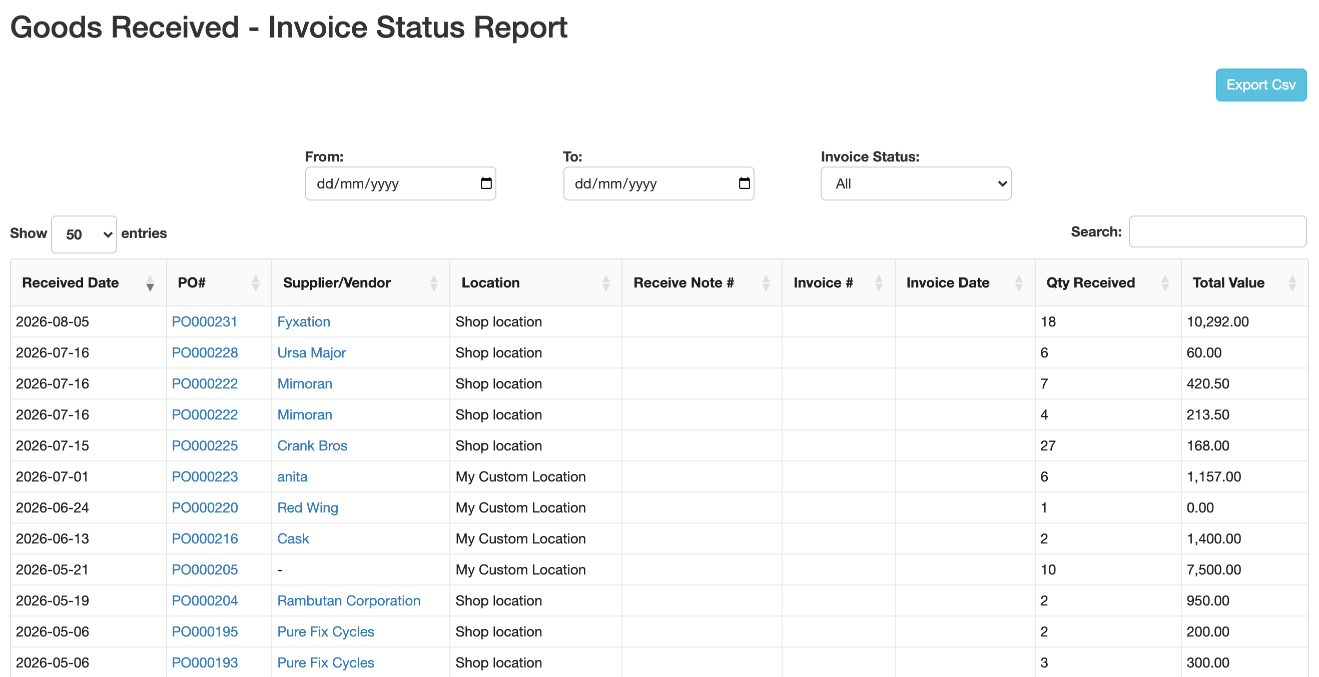 Goods Received - Invoice Status report